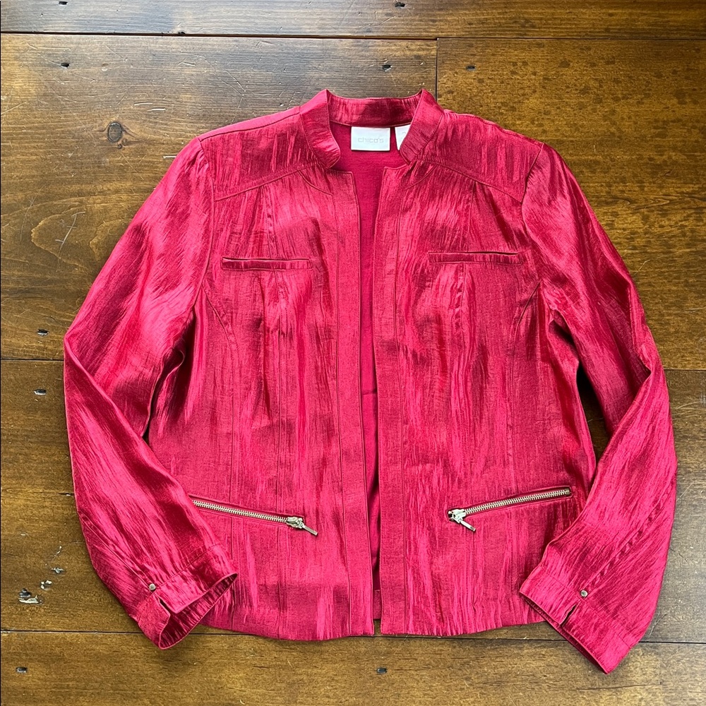 Chico’s Red Open Front Jacket Stand-Up Collar Sz 12 Chico 2